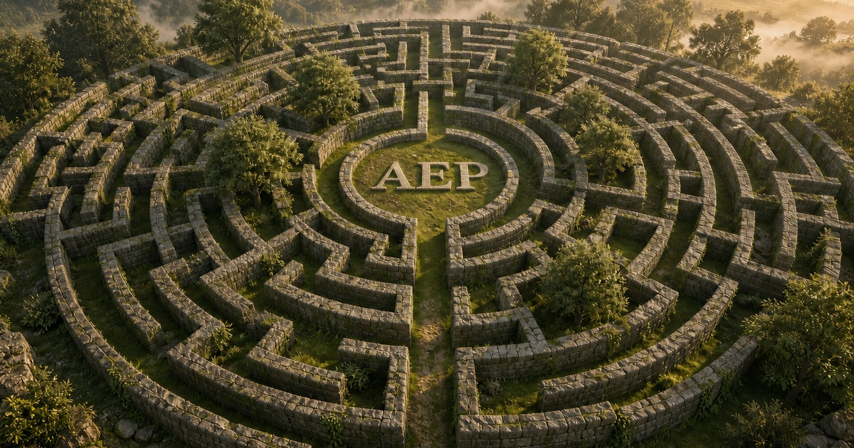 Aerial view of a stone maze with AEP at the center, representing the Medicare annual review workflow for agents