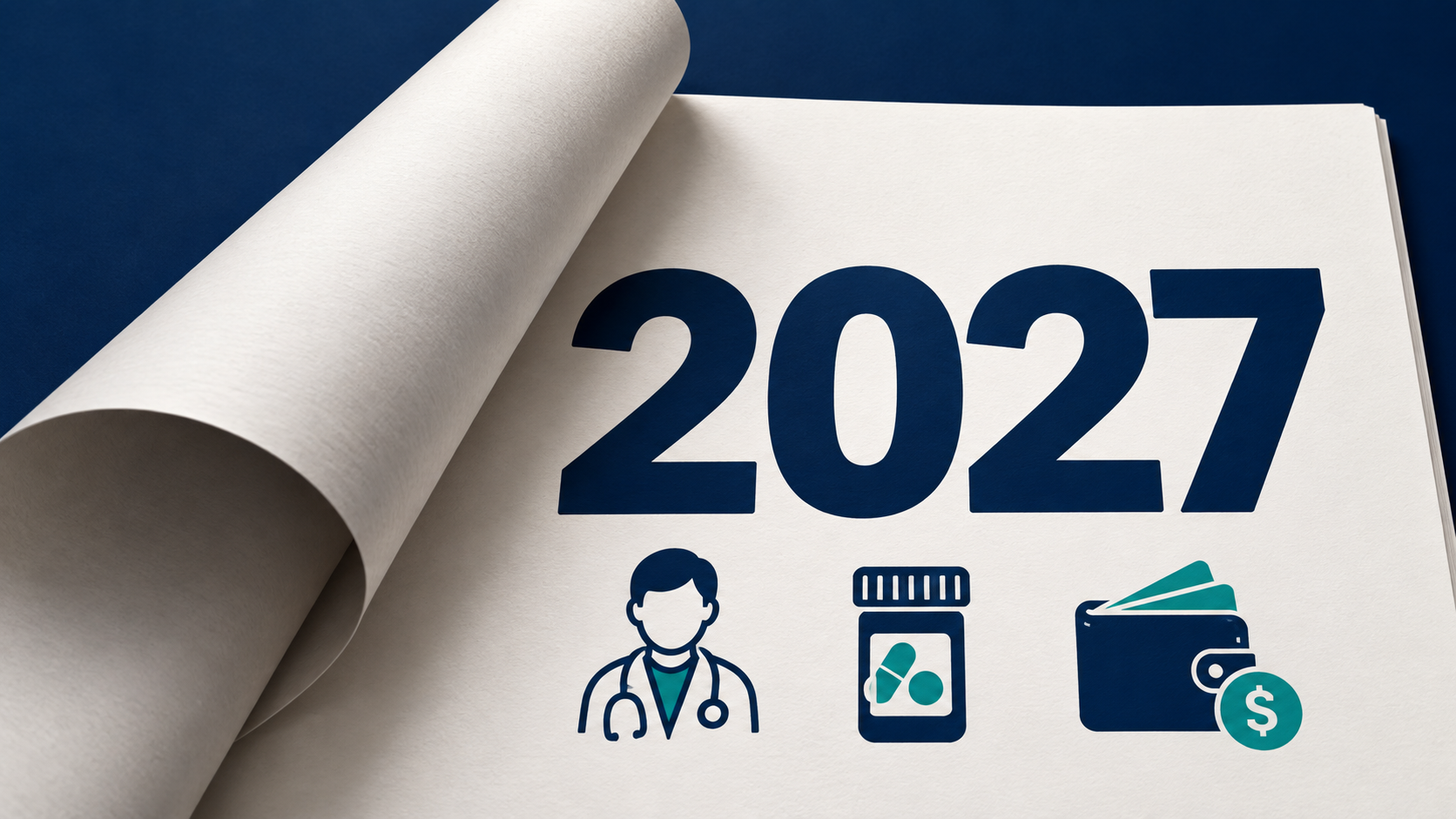 A turning page reveals 2027 above doctor, prescription and budget icons