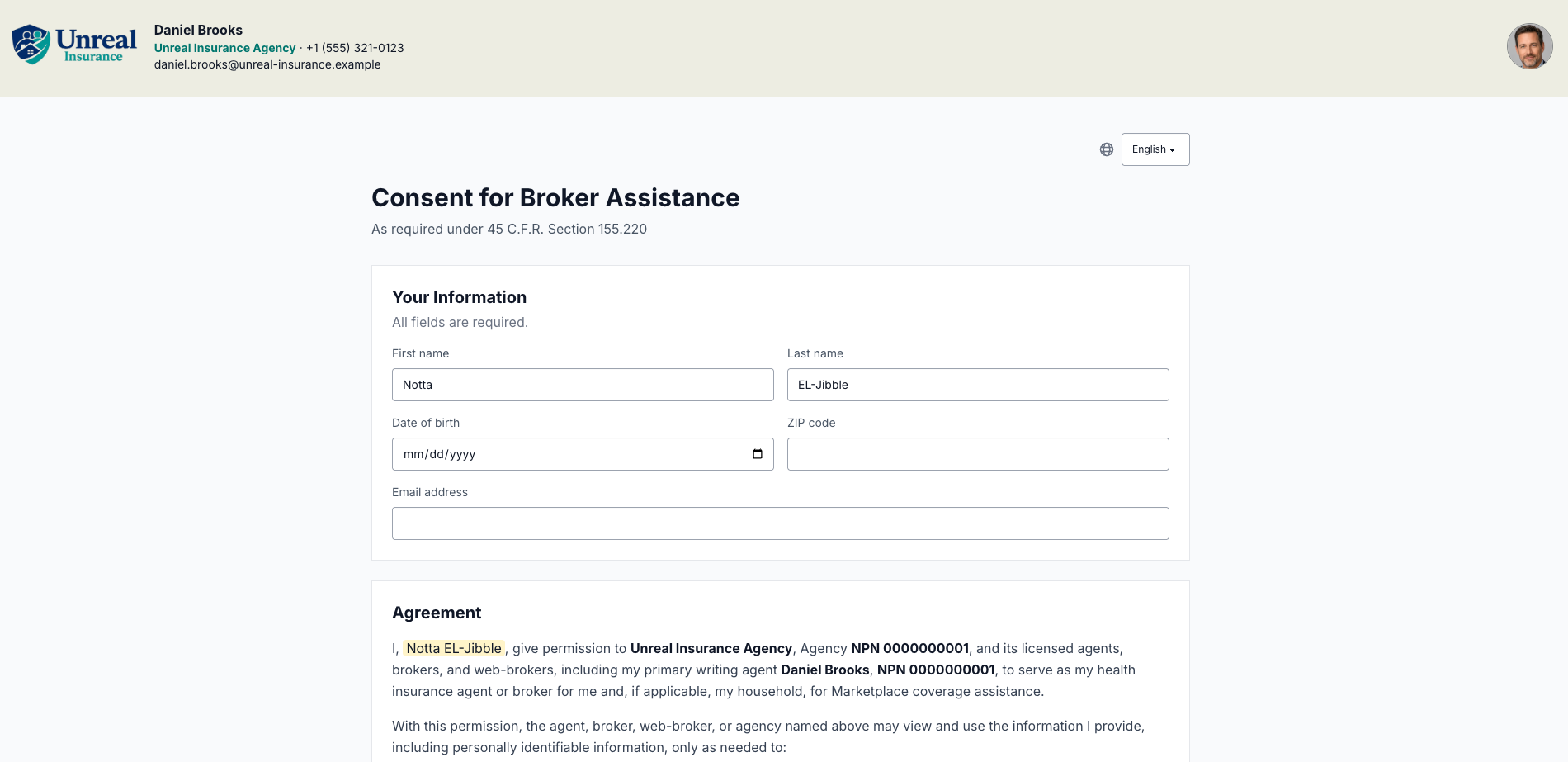 ACA consent for broker assistance screen showing agent branding, consumer information fields, and the consent agreement