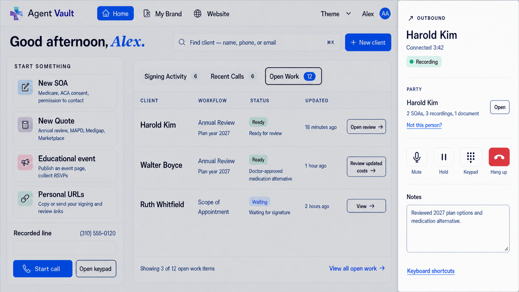 Agent Workspace active outbound Medicare call with client context, recording status, notes, mute, hold, keypad, and hang-up controls