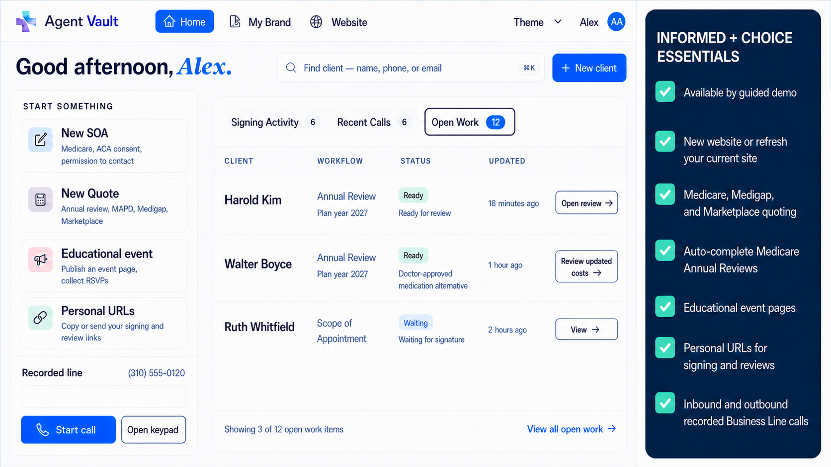 Agent Workspace dashboard showing MAPD, Medigap, and Marketplace quoting, Annual Review, electronic SOA, educational events, personal links, recorded Business Line calls, and the current Workspace offer