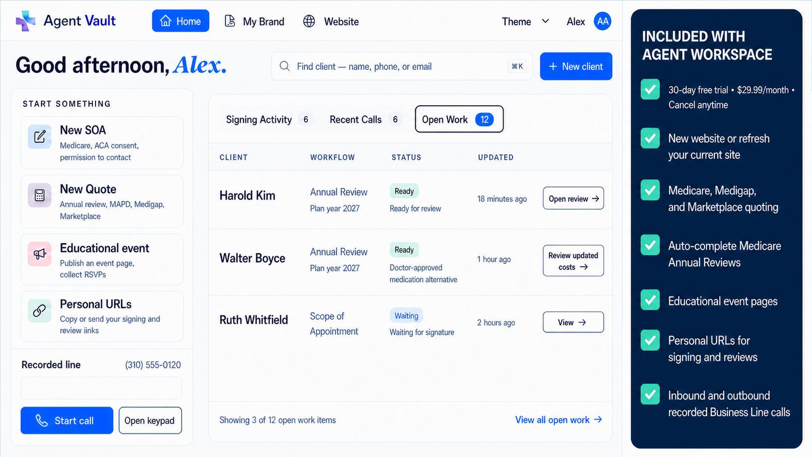 Medicare and ACA agent CRM dashboard showing client search, annual reviews, quoting, SOA, educational events, personal links, and recorded calls