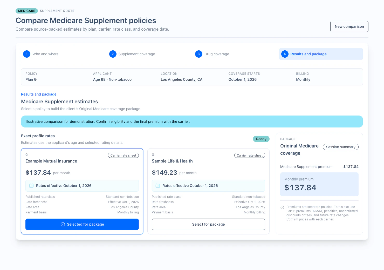 Medicare Supplement quote comparison showing Plan G premium estimates