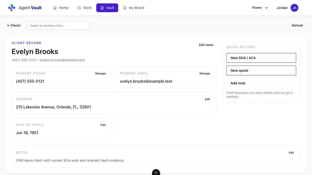 Agent Workspace synthetic Medicare client record showing contact details, notes, and quick actions to create a new SOA or quote