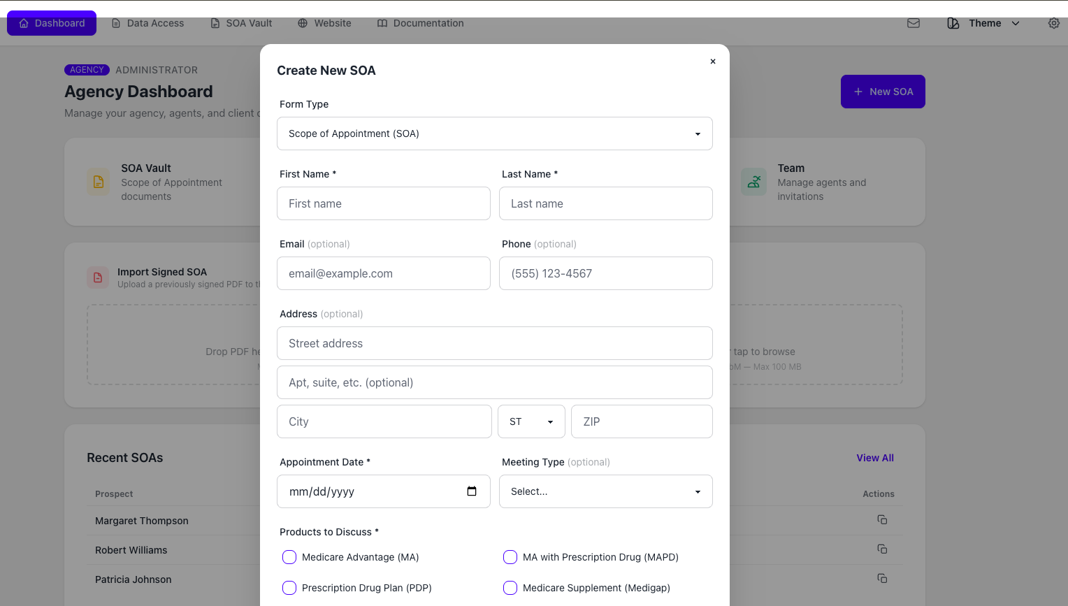SOA Vault web form for creating a mobile-friendly Scope of Appointment signing workflow